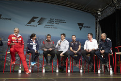 Maurizio Arrivabene, Team Principal, Ferrari, Monisha Kaltenborn, Team Principal and CEO, Sauber, Guenther Steiner, Team Principal, Haas F1 Team, Toto Wolff, Executive Director (Business), Mercedes AMG, Christian Horner, Team Principal, Red Bull Racing, Eric Boullier, Racing Director, McLaren, and Franz Tost, Team Principal, Scuderia Toro Rosso, on stage
