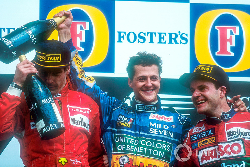 Podium: race winner Michael Schumacher, second place Gerhard Berger, third place Rubens Barrichello