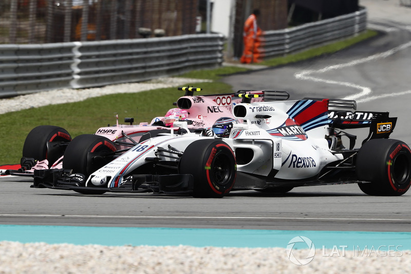 Lance Stroll, Williams FW40, battles, Esteban Ocon, Sahara Force India F1 VJM10