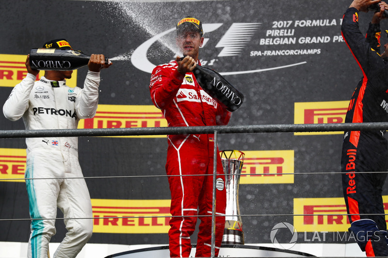 Podium: second place Sebastian Vettel, Ferrari, Race winner Lewis Hamilton, Mercedes AMG F1, third place Daniel Ricciardo, Red Bull Racing