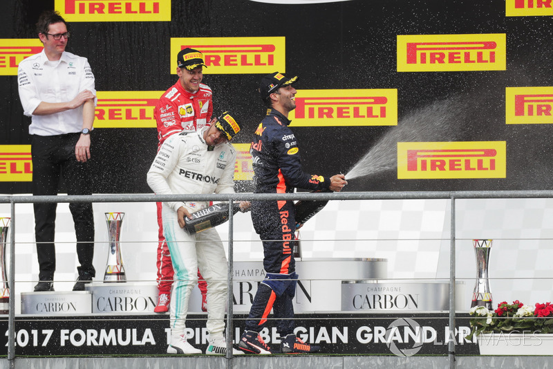 Podium: second place Sebastian Vettel, Ferrari, Race winner Lewis Hamilton, Mercedes AMG F1, third place Daniel Ricciardo, Red Bull Racing