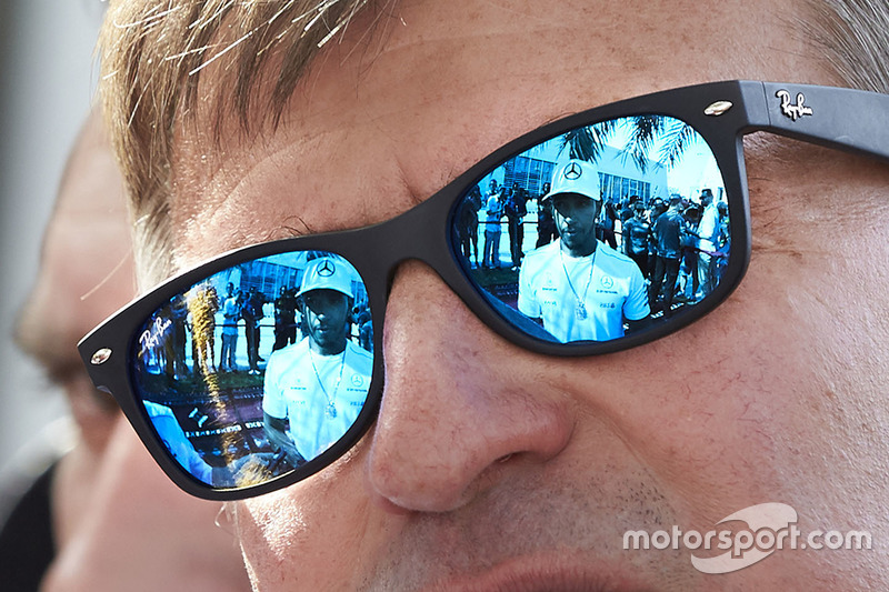 Lewis Hamilton, Mercedes AMG is reflected in sunglasses