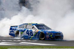 Jimmie Johnson, Hendrick Motorsports Chevrolet celebrates his win with a burnout 