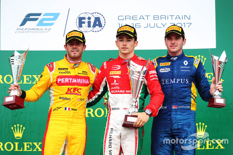 Podium: le vainqueur Charles Leclerc, PREMA Powerteam, le deuxième Norman Nato, Pertamina Arden, le troisième Oliver Rowland, DAMS