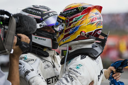 Second place Valtteri Bottas, Mercedes AMG F1, Race winner Lewis Hamilton, Mercedes AMG F1, congratulate each other in Parc Ferme