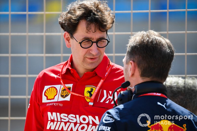 Mattia Binotto, Team Principal Ferrari, with Christian Horner, Team Principal, Red Bull Racing