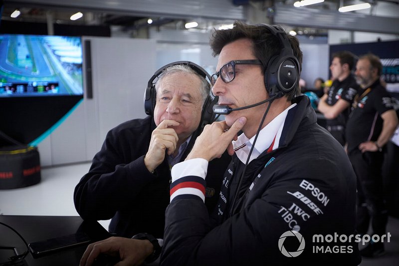 Jean Todt, President, FIA, and Toto Wolff, Executive Director (Business), Mercedes AMG, in the Mercedes garage