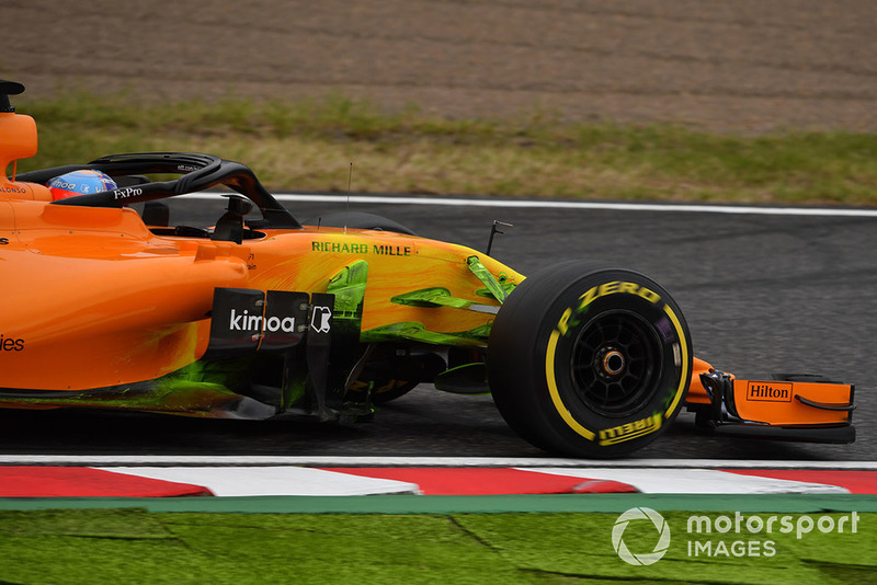 Fernando Alonso, McLaren MCL33 with aero paint on front suspension