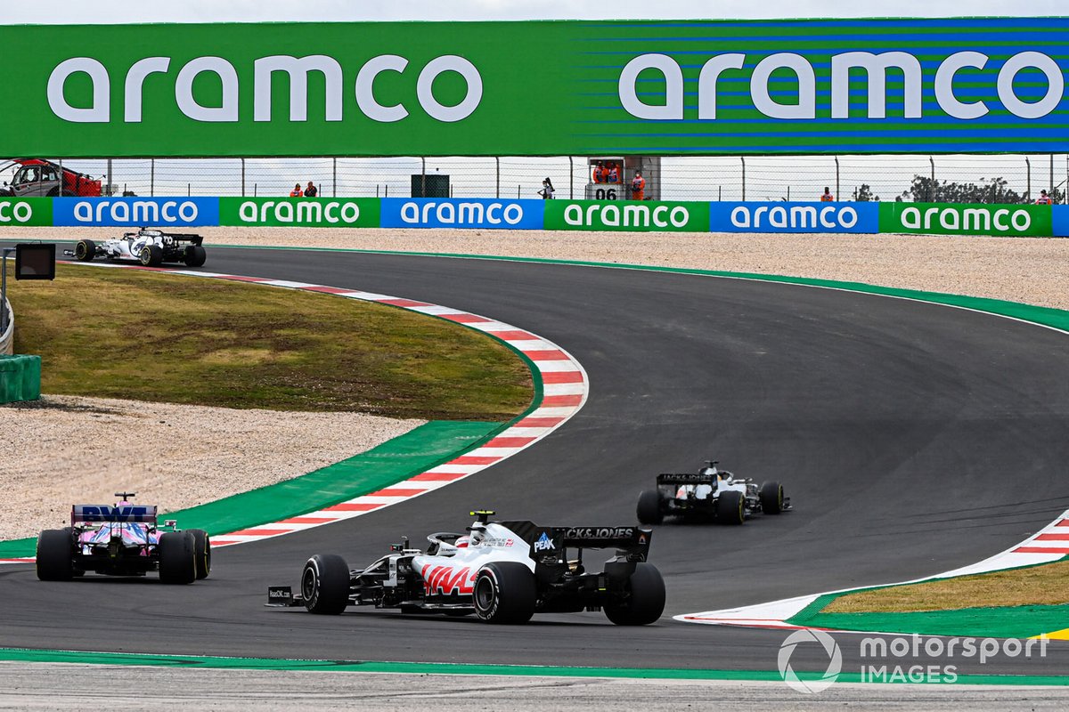 George Russell, Williams FW43, Sergio Perez, Racing Point RP20, Kevin Magnussen, Haas VF-20