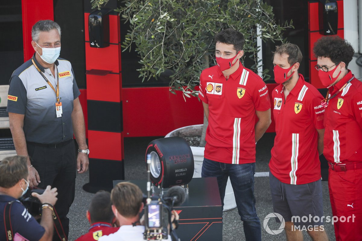 Mario Isola, Racing Manager, Pirelli Motorsport, Charles Leclerc, Ferrari, Sebastian Vettel, Ferrari y Mattia Binotto, Team Principal Ferrari