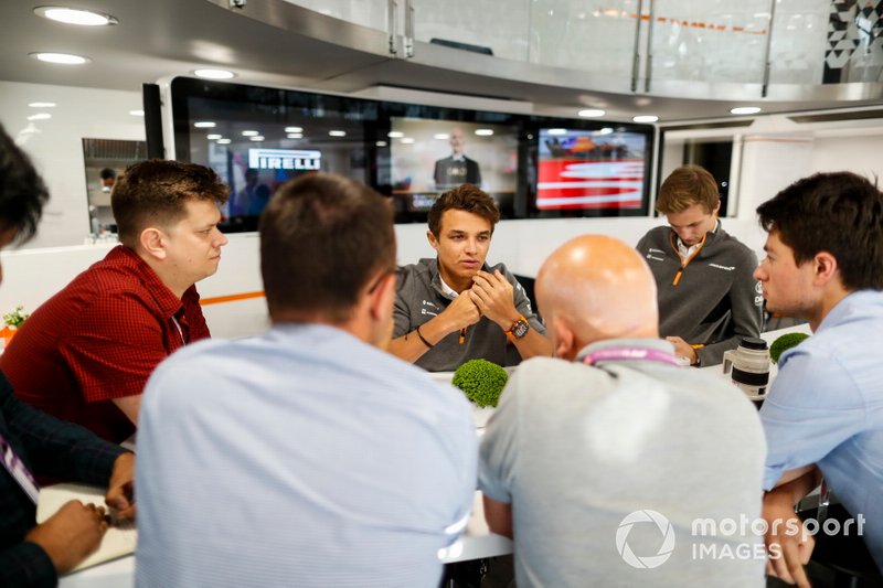 Lando Norris, McLaren, talks to the media