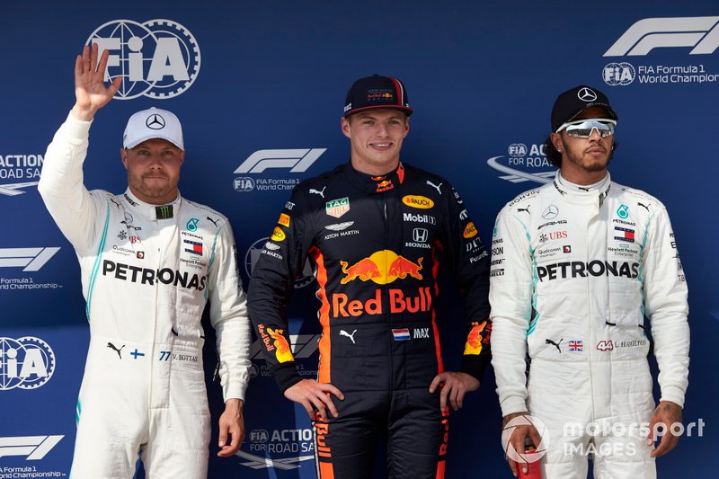 Top three Qualifiers Valtteri Bottas, Mercedes AMG F1, pole man Max Verstappen, Red Bull Racing, and Lewis Hamilton, Mercedes AMG F1