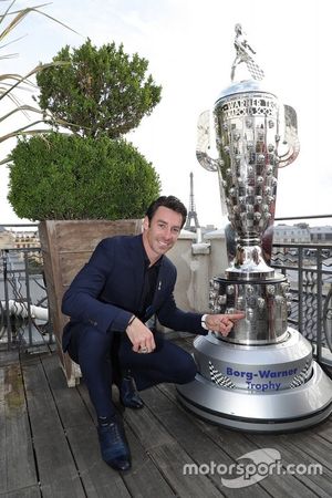 Simon Pagenaud with Borg-Warner Trophy in Paris