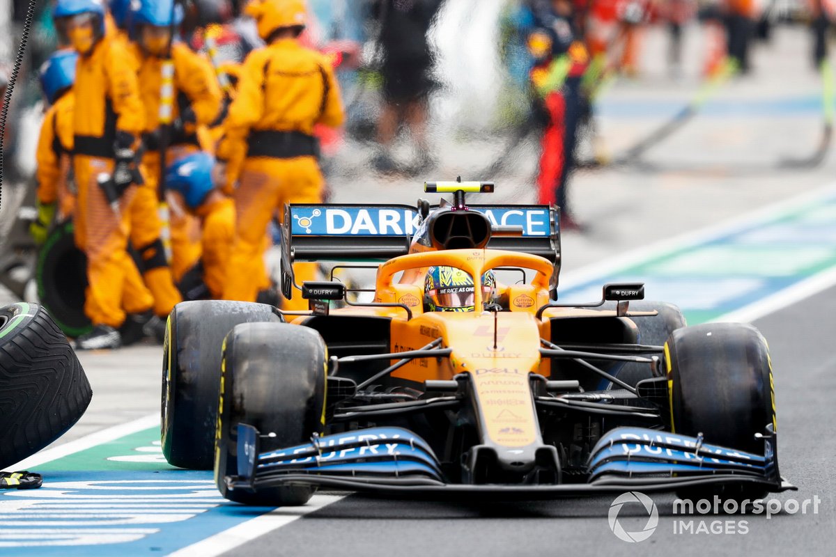 Lando Norris, McLaren MCL35, leaves his pit box