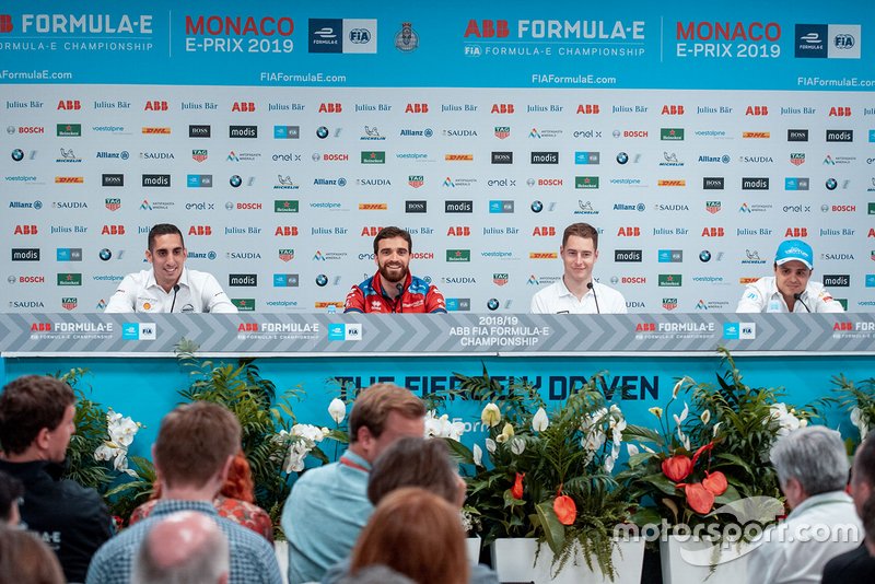 Sébastien Buemi, Nissan e.Dams, Jérôme d'Ambrosio, Mahindra Racing, Stoffel Vandoorne, HWA Racelab, Felipe Massa, Venturi Formula E, durante la conferenza stampa