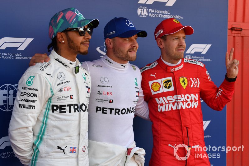 Top three Qualifiers Lewis Hamilton, Mercedes AMG F1, Pole man Valtteri Bottas, Mercedes AMG F1, and Sebastian Vettel, Ferrari