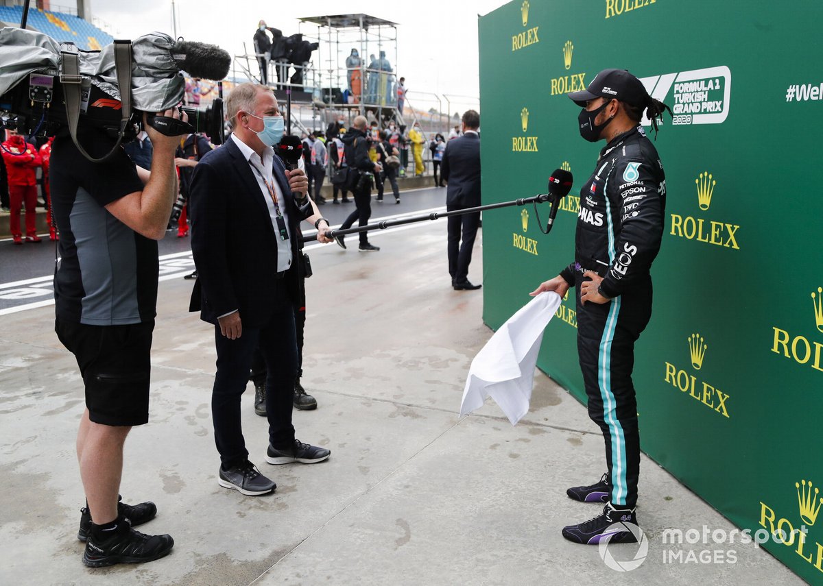 Martin Brundle, Sky TV, interviews Lewis Hamilton, Mercedes-AMG F1, after winning the race, to take his 7th World Championship title