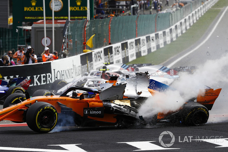 Fernando Alonso, McLaren MCL33, crashes over Charles Leclerc, Sauber C37, after contact from Nico Hulkenberg, Renault Sport F1 Team R.S. 18, at the start