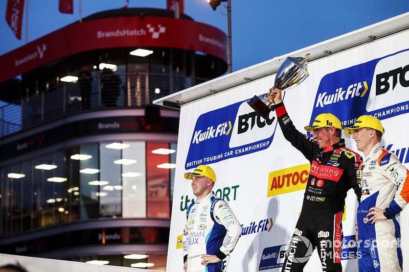BTCC Race 3 Podium, Ashley Sutton, Team BMR Subaru Levorg, Jason Plato, Power Maxed Racing Vauxhall and Rory Butcher, AmD Tuning Honda Civic