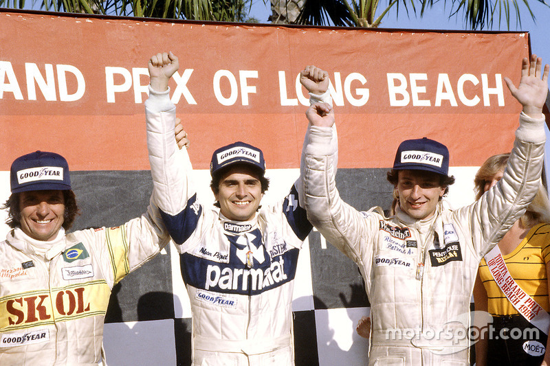 Piquet, Emerson e Patrese no pódio de Long Beach, 1980