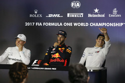 Race winner Valtteri Bottas, Mercedes AMG F1 Daniel Ricciardo, Red Bull Racing and Lance Stroll, Williams in the Press Conference
