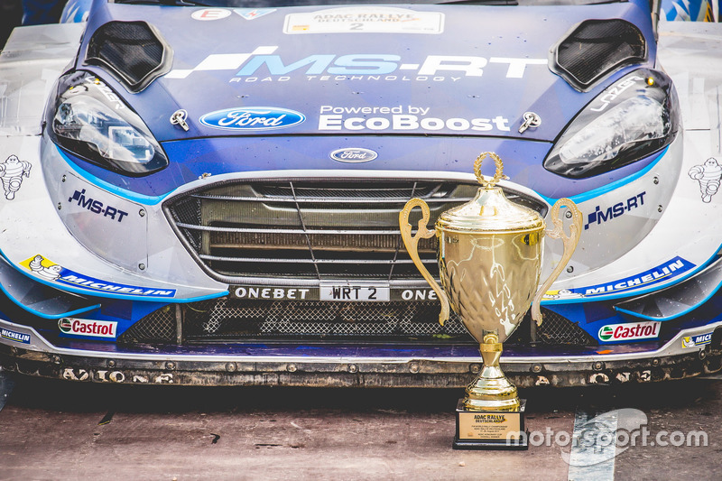 The car of Ott Tänak, Martin Järveoja, Ford Fiesta WRC, M-Sport with the trophy