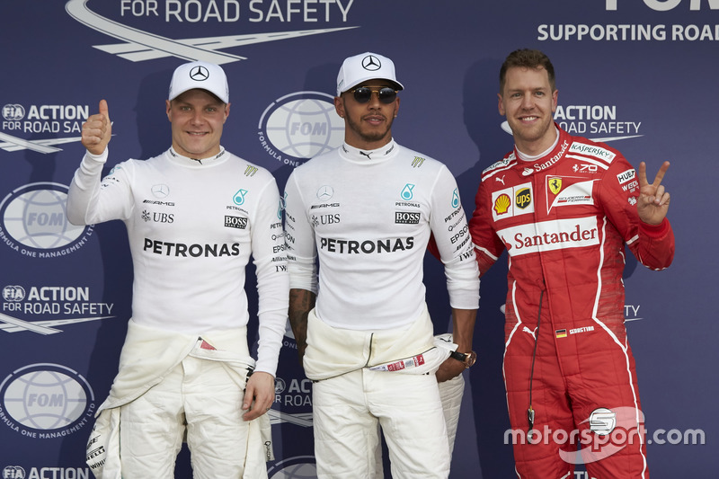 Lewis Hamilton, Mercedes AMG F1; Sebastian Vettel, Ferrari; Valtteri Bottas, Mercedes AMG F1