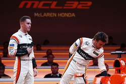 Race drivers Stoffel Vandoorne and Fernando Alonso on stage at the launch of the McLaren MCL32