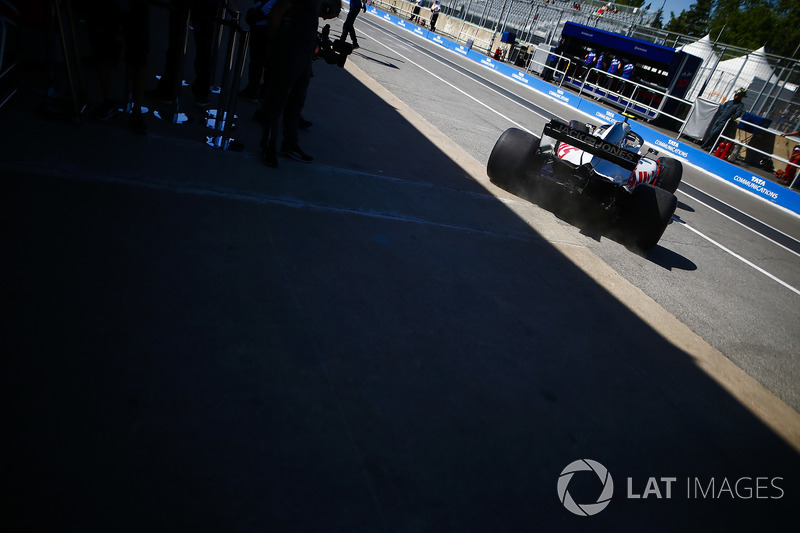 Kevin Magnussen, Haas F1 Team, exits the team's garage