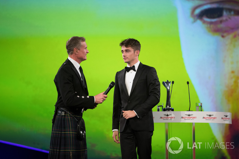 Chase Carey, Chairman, Formula One, presents the Rookie of the Year Award to Charles Leclerc