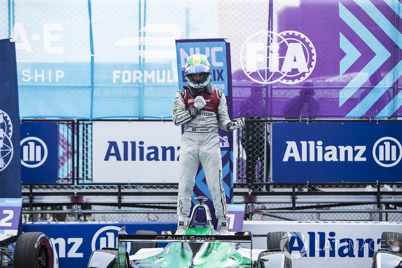 Lucas di Grassi, Audi Sport ABT Schaeffler, celebrates in Parc Ferme after winning the race