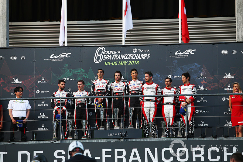 LMP1 podium: #7 Toyota Gazoo Racing Toyota TS050: Mike Conway, Jose Maria Lopez, Kamui Kobayashi, #8 Toyota Gazoo Racing Toyota TS050: Sébastien Buemi, Kazuki Nakajima, Fernando Alonso, #1 Rebellion Racing Rebellion R-13: Andre Lotterer, Neel Jani, Bruno S