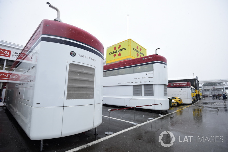 Alfa Romeo Sauber F1 Team trucks as snow stops testing on day three