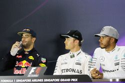 Qualifying top three in  the FIA Press Conference (L to R): Daniel Ricciardo, Red Bull Racing, second; Nico Rosberg, Mercedes AMG F1, pole position; Lewis Hamilton, Mercedes AMG F1, third