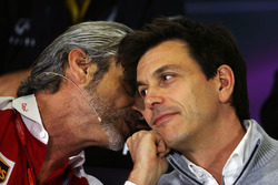 (L to R): Maurizio Arrivabene, Ferrari Team Principal with Toto Wolff, Mercedes AMG F1 Shareholder a