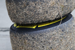 Worn Pirelli tyres covered in grass