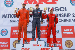 Race 3 podium: winner Vikash Anand. second place Raghul Rangasamy, third place Goutham Parekh