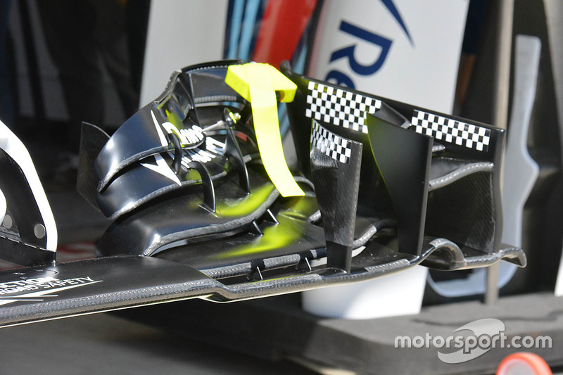 Williams FW38 front wing detail with a deflection tester