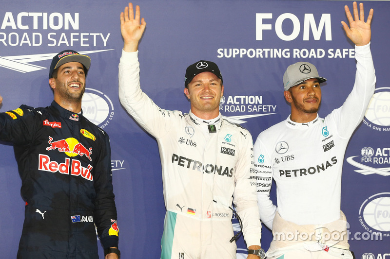 Qualifying Top 3; Pole position for Nico Rosberg, Mercedes AMG F1 W07 Hybrid; second place Daniel Ricciardo Red Bull Racing; third place Lewis Hamilton, Mercedes AMG F1 W07 Hybrid