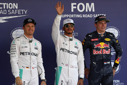 Qualifying top three in parc ferme (L to R): Nico Rosberg, Mercedes AMG F1, second; Lewis Hamilton, Mercedes AMG F1, pole position; Max Verstappen, Red Bull Racing, third