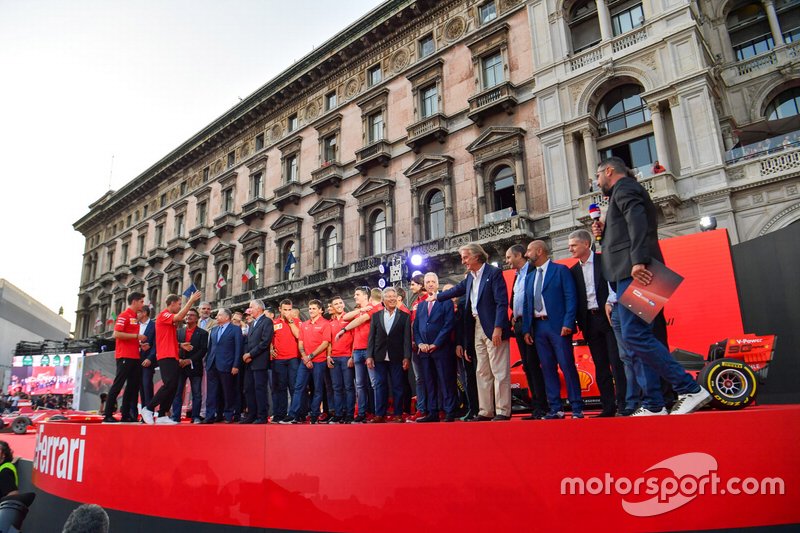 Charles Leclerc, Ferrari and Sebastian Vettel, Ferrari on stage with former Ferrari F1 drivers and team personnel and the Ferrari Academy drivers