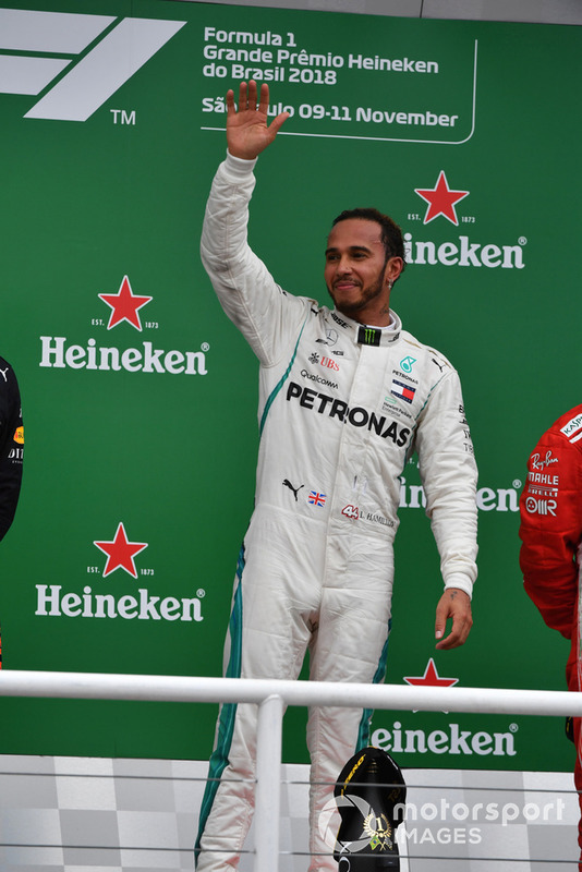 Lewis Hamilton, Mercedes AMG F1 celebrates on the podium 