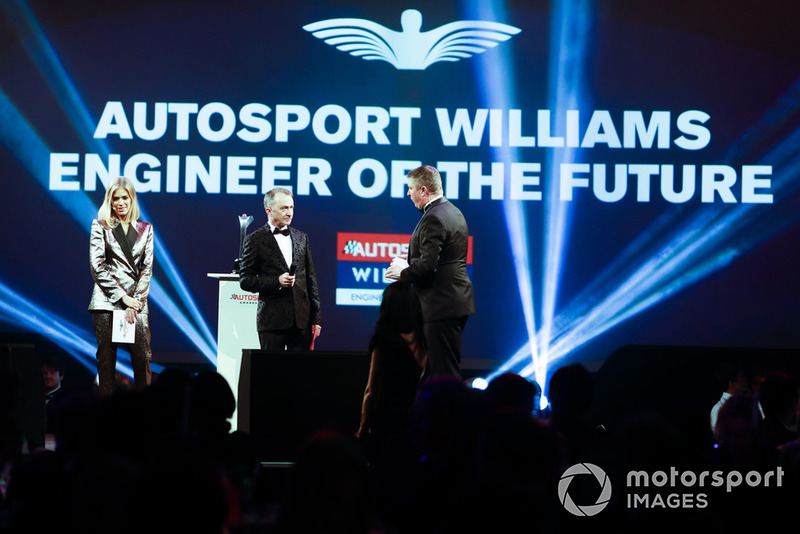 Nicki Shields and David Croft on stage with Paddy Lowe to present the Autosport Williams Engineer of the Future Award