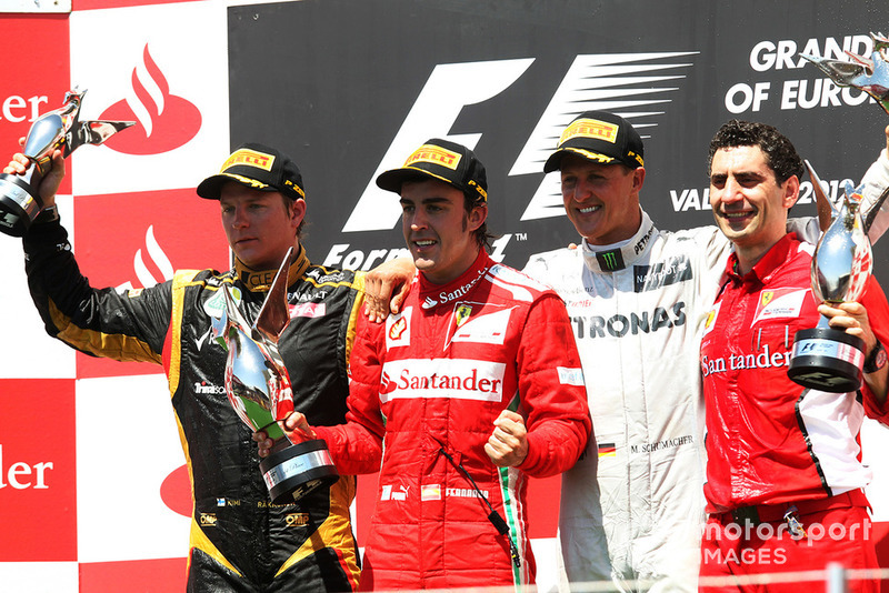 Kimi Raikkonen, Lotus F1, Fernando Alonso, Ferrari, Michael Schumacher, Mercedes AMG F1 and Andrea Stella, Ferrari Race Engineer celebrates on the podium