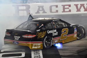 Brad Keselowski, Team Penske, Ford Fusion Miller Genuine Draft celebrates his win