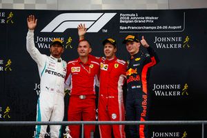 Lewis Hamilton, Mercedes AMG F1, 2nd position, David Sanchez, Principal Aerodynamicist, Ferrari, Sebastian Vettel, Ferrari, 1st position, and Max Verstappen, Red Bull Racing, 3rd position, on the podium