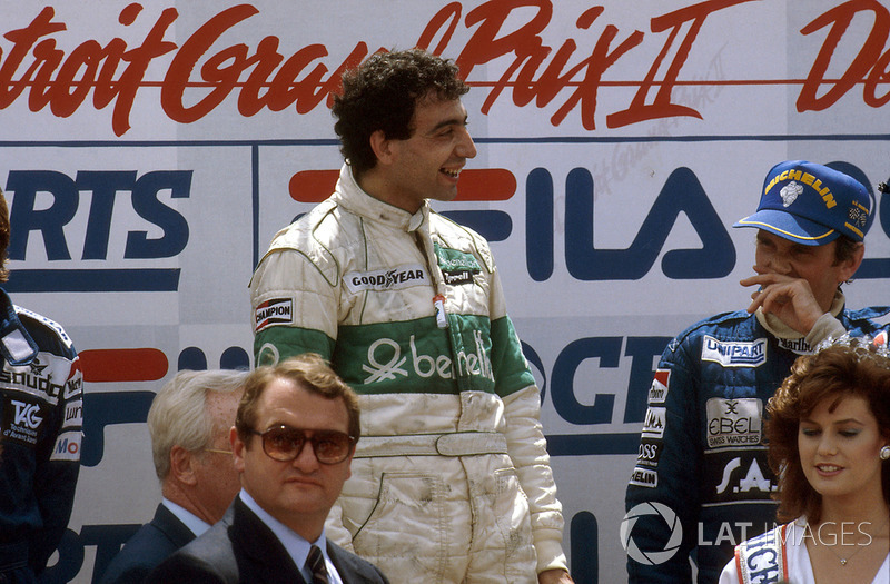 Michele Alboreto, Tyrrell Ford, 1st position, John Watson, McLaren Ford, 3rd position on the podium