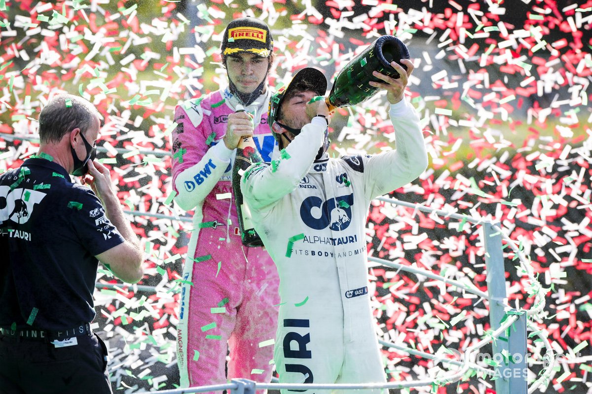Race Winner Pierre Gasly, AlphaTauri celebrates on the podium with the champagne