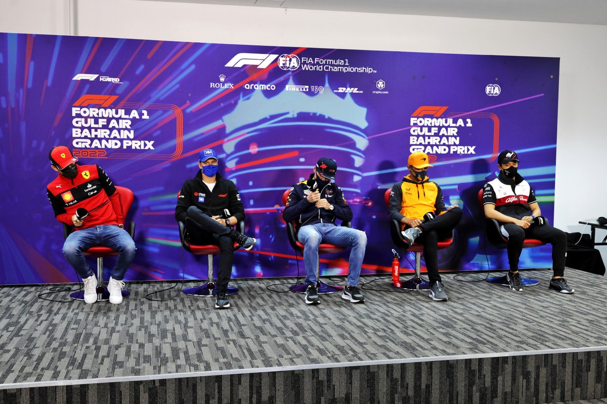 Charles Leclerc, Ferrari, Mick Schumacher, Haas F1 Team, Max Verstappen, Red Bull Racing, Lando Norris, McLaren, Guanyu Zhou, Alfa Romeo F1 Team, en la rueda de prensa