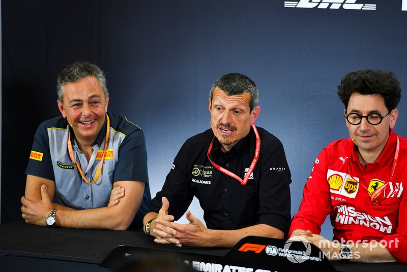 Mario Isola, Racing Manager, Pirelli Motorsport, Guenther Steiner, Team Principal, Haas F1, and Mattia Binotto, Team Principal Ferrari, in the team principals Press Conference